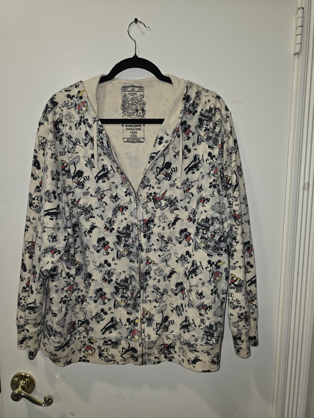 Disney White & Black Mickey Mouse Zip-Up Hoodie with Red & Yellow Accents